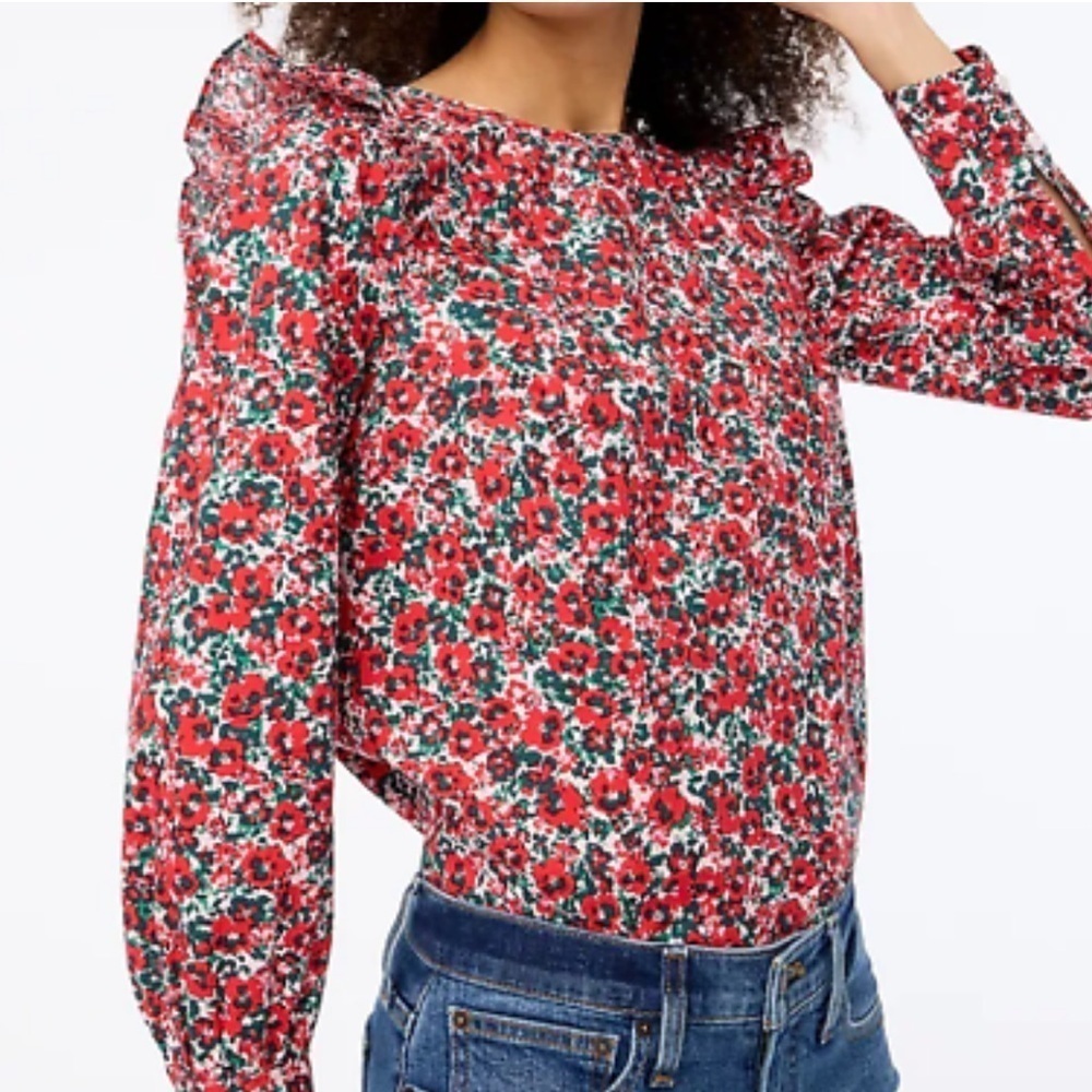 J. Crew Factory floral poplin top women’s large red green EUC